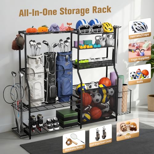 Homiesetify Garage Sports Equipment Organizer, 3 Golf Bag Organizer Stand Heavy-Duty Ball Storage Rack with Basket and Hooks, Ball Storage Cart for Toy Sports Gear Storage, Black (Extra Large)