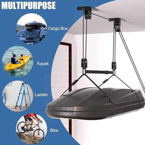 KOSEOO Cargo Box Pulley System for Garage Storage, Heavy-Duty Kayak/Canoes/Bikes/Ladders Ceiling Hoist, Hold Up to 150 lbs Capacity, Fit 10-18 Foot Ceilings, Black