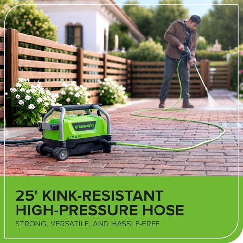 Greenworks 2100 PSI (1.2 GPM) Electric Pressure Washer (25°, 40°, Turbo Nozzle, Soap Applicator) for Use On Decks, Fences, Concrete Patios, Sidewalks & More. Medium-Duty