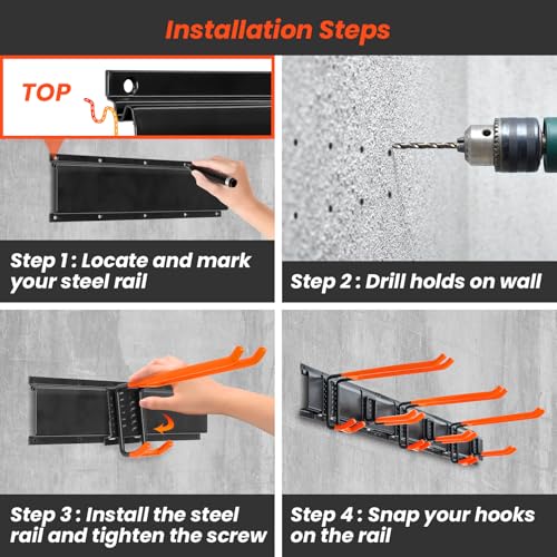 ELECROW Garage Storage Organizer, Wall Mount Rack with 6 Adjustable Hooks, 48 Inches Adjustable Garden Tool Organization, Heavy Duty for Garden and Yard Tool Storage