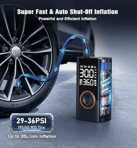 Tire Inflator Portable Air Compressor Portable Cordless Mini Air Pump with Digital Pressure Gauge Inflater 150PSI 3X Fast Inflation Auto Shutoff Large Battery Tires Pump for Cars Motors Bikes Balls