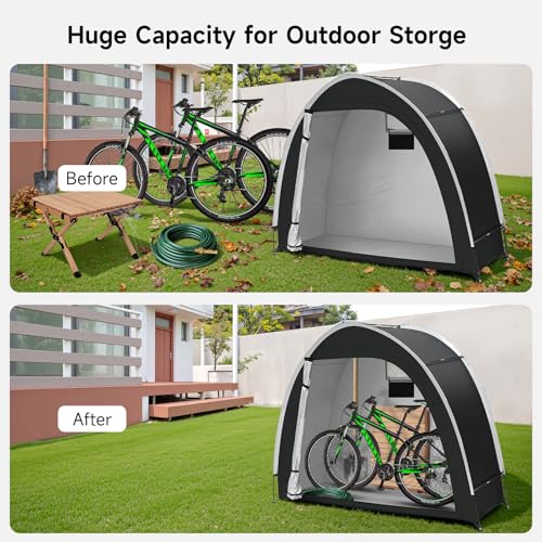 Bike Storage Tent for Outdoor, 2 Bike Capacity with Extra Top Space, PU5000 Waterproof 210D Oxford Fabric with Taped Seams, Portable Floor Storage Shed for Bicycle, Motorcycle & Garden Tools, etc