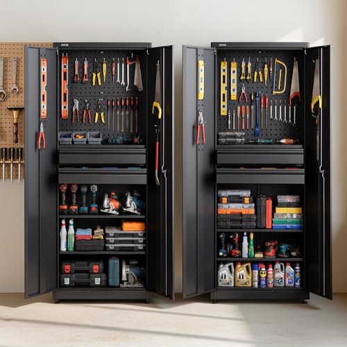 VEVOR Metal Storage Cabinet, 180 lbs Shelf Load Capacity, 70.87" Tall Garage Tool Storage Cabinet with 2 Locking Doors, Adjustable Shelves, 2 Drawers, Pegboard, for Garage, Home, Office, Utility Room