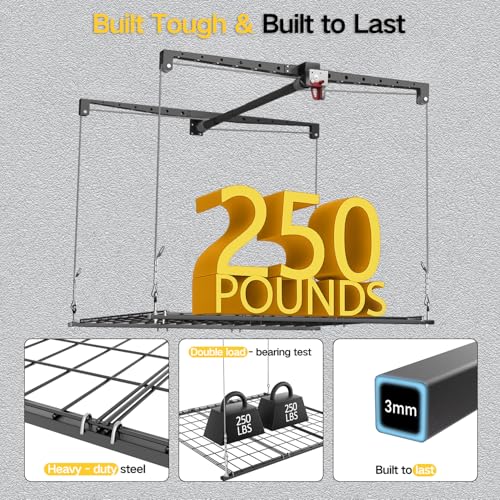 Overhead Garage Storage Rack for 8-10ft Ceiling, Heavy-duty 4x4 FT Garage Ceiling Storage Racks with Safety Lock, Ideal for Storage Mounted Lift System and Storage Organizer, 250lbs Capacity