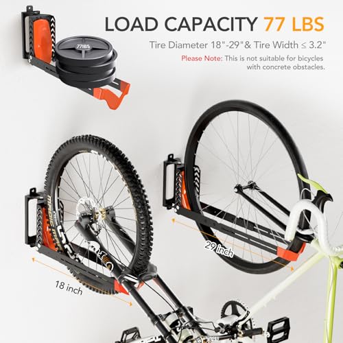 2-Pack Swivel Bike Rack Wall Mount, Bike Hangers for Garage, Space-Saving Vertical Bike Holder, Holds up to 77 lbs, Bicycle Wall Hanger Storage, No Heavy Lifting Required Indoor Hanging Bike Rack