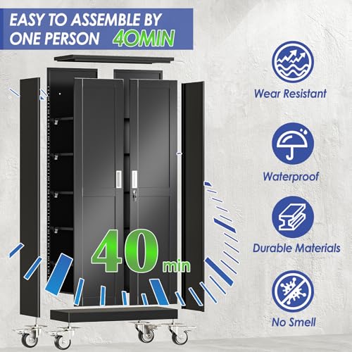 AUEYTVR 71" Metal Garage Storage Cabinet with Wheels and Locking Doors and Tall Rolling Steel Tool Cabinet with 4 Adjustable Shelves for Garage,Home,Office,Shop (Black, 71''H x 30''W x15''D)