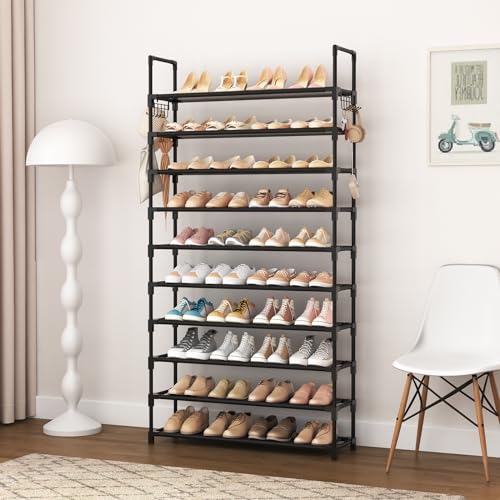 VTRIN 10 Tier Shoe Rack Tall Large Capacity Wide Shoe Organizer with Two Hooks Sturdy Metal Shoe Shelf for Entryway, Closet, Bedroom
