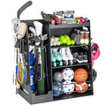 GoSports Premium Wooden Sports Equipment Organizer with Storage Hooks - Golf Bag Rack and Multi-Sport Ball Bin for Garage