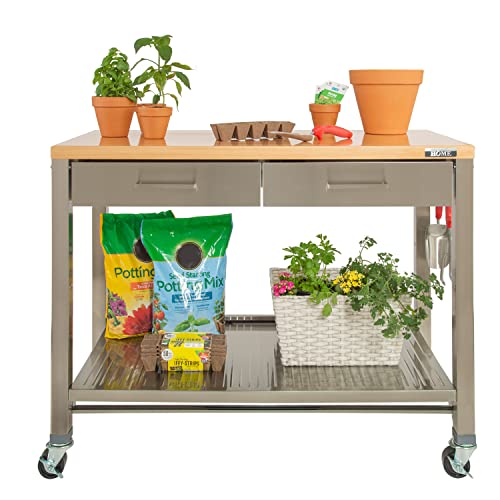 Seville Classics Commercial Work Table Island Utility Cart Prep Station, for Restaurant, Kitchen, Warehouse, Garage, Hotel, Home, Stainless-Steel, Solid Wood Top, 48" W x 24" D