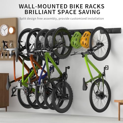 Housolution Bike Storage Rack 48Inch for 6 Bikes + 5 Helmets, 500lbs Capacity, Heavy Duty Steel Bicycle Wall Mount Hanger for Garage Storage, Bike Hooks, Bicycle Storage, Bike Wall Mount, Black