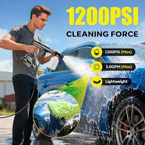 YKYI Cordless Pressure Washer, Battery Powered with 30 Speed Levels, Handheld Portable Sprayer with 6-in-1 Nozzle, 24FT High-Elastic Hose for Car, Garden, Patio Cleaning (Gray)