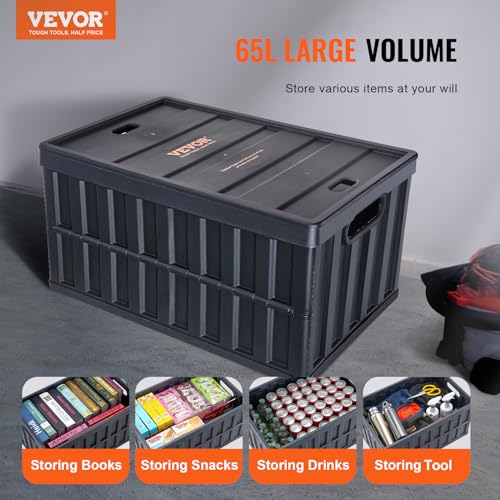 VEVOR 65L Collapsible Storage Bins with Lids 3 Packs, Stackable Utility Crates with Handles, Large Folding Containers for Organizing Tools, Books, Food, Drinks, Camping&Transport