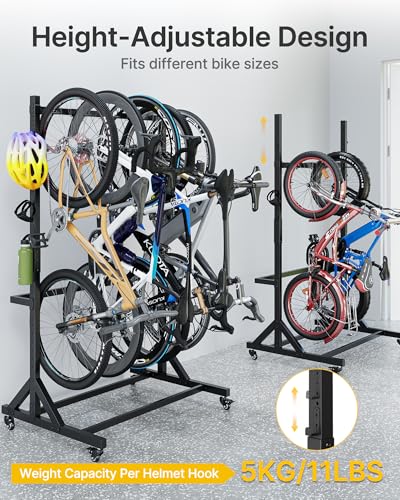 monTEK Freestanding Bike Storage Rack for 5 Bikes, Heavy Duty 350LBS Vertical Bike Stand with 5 Bike Hooks & 6 Helmet Hooks, Indoor and Outdoor Bike Storage Rack with Locking Casters