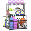 HOOBRO Sports Equipment Garage Organizer, Ball Storage Rack with Basket, Heavy Duty Ball Holder with Hooks, for Outdoor, Garage, Club, Basement, Black BK80JJ01