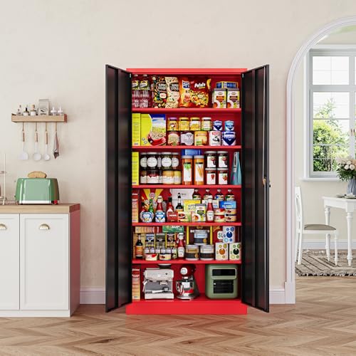 Letaya Metal Storage Cabinets with Lock, 71" Tall Locker Organizer Steel Cabinets, Adjustable Shelves 2 Doors for Home, Office, Warehouse,Garage,Industrial,Employee Lockers (Style B, Black Red)