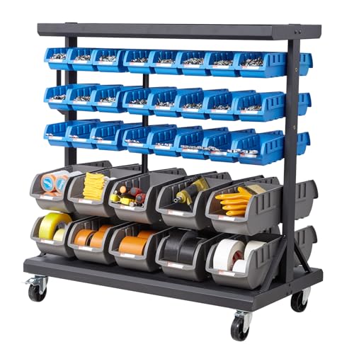 VEVOR 5-Tier Double-Sided Rolling Bin Storage Rack, 68 Plastic Bins, Dual-Sided Parts Organizer with Wheels, Mobile Tool Organizer for Garage, Warehouse, Office, Restaurant, Classroom, Kitchen