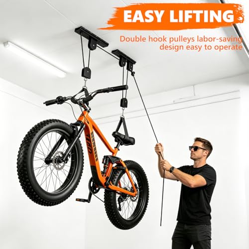 NYFITY Bike Hoist,Ceiling Mount Bike Hanger,Heavy Duty Bike Hangers for Garage,Bike Pulley System for Garage,Holds Up to 100 lbs,Ceiling Bike Hanger for Ebike,Road Bike,Fat Tire,Snowboard(2 Pack)
