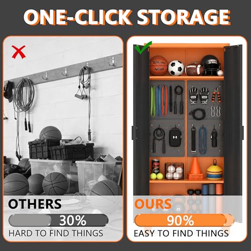UVGHPW Garage Storage, Sports Equipment Organizer with 2 Adjustable Shelves, 2 Elastic Cords, 4 Pegboards & 5 Hooks, Ball Storage Rack for Garage, Home, Gym, School, Office, Black&Orange
