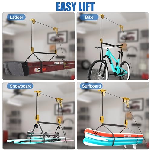 TRUSOON Ladder Storage Pulley Hoist, Self Locking Function Ladder Hanger, Garage Ceiling Mount Lift System for Lightweight Kayak, Bike, Surfboard, Hold 100 lbs, Fit 10-18 Foot Ceilings