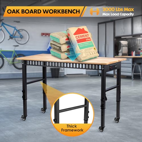 GVGBUK 48" Height Adjustable Workbench, 2000 LBS Load Capacity Rubber Wood Top Workstation, Heavy-Duty Hardwood Worktable for Garage Workshop (with Wheels and Socket,48'')