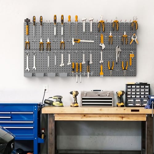 TORACK Garage Tools Organizer Boards Kit with Hooks, Modular Wall-Mounted Tool Storage Pegboard for Workbench(Black, 4 Panels with Hooks)
