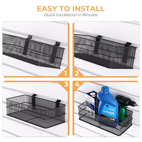 INCLY 4 Pack Upgrade Slatwall Baskets, Heavy Duty Metal Mesh Slat Wall Basket, Mounted Hanging Storage Slatwall Accessories for Garage Organizing Shop Display on Slat Wall Panels