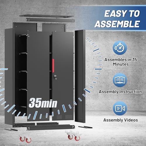 Rumetol Metal Storage Cabinet with Wheels,71" Garage Cabinets with 4 Adjustable Shelves and Lockable Doors,Black Locking Cabinet Suitable for Garages,Home,Office