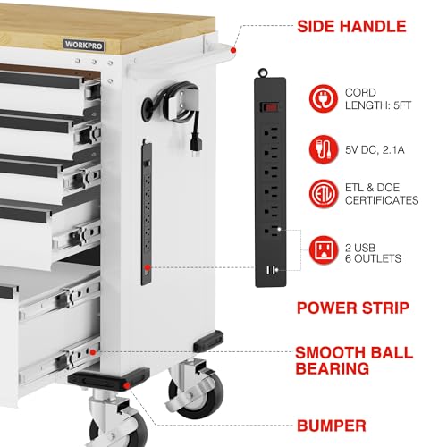 WORKPRO 52" x 20" 5-Drawer & 1-Door Rolling Tool Chest, Heavy Duty Tool Chest with Wheels, Power Strip, Locking System, Rolling Cabinet for Garage, Home & Kitchen, 1000 lbs Capacity
