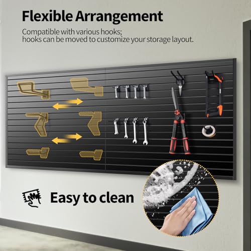 Slat Wall Panels 8x4 ft, Heavy-Duty PVC Garage Slatwall Panel with Trim & Screws, Interlocking Black Wall Panels, Garage Wall Organizer Slat Board PVC Wall Panel for Tools and Sports Equipment Storage