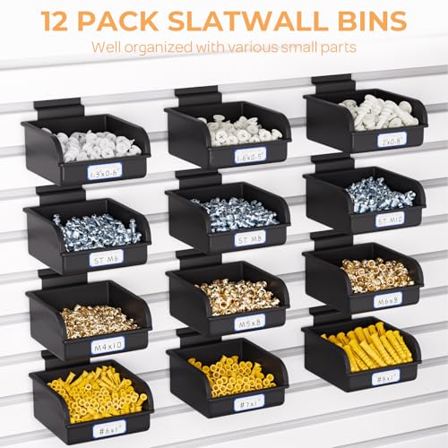 INCLY 12 Pack Slatwall Bins with Hooks, Plastic Slatwall Accessories Containers Bins for Slat Wall Panels Organizing Hardware, Garage, Craft Room, Kitchen, Tool Shed, Workbench