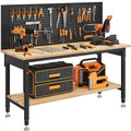 CAMMOO 60" Work Bench Adjustable Height with Storage Shelf, Max Load 2000 LBS Heavy Duty Rubberwood Tabletop with Pegboard, LED Light, Built-in Power Strip for Woodworking Shop, Garage, Home