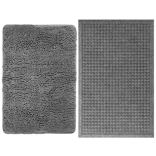 GORILLA GRIP SoakSTOPPER Door Mat, 24x17, Gray and HydroABSORB Door Mat, 29x17, Gray Bundle