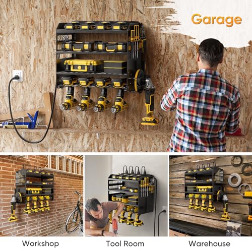 POKIPO Power Tool Organizer Wall Mount with Charging Station,Tool Storage Rack with 8 Outlet Power Strip,Heavy Duty Metal Battery Utility Rack with 4 Cordless Drill Holder 6.56 Ft Cord for Garage