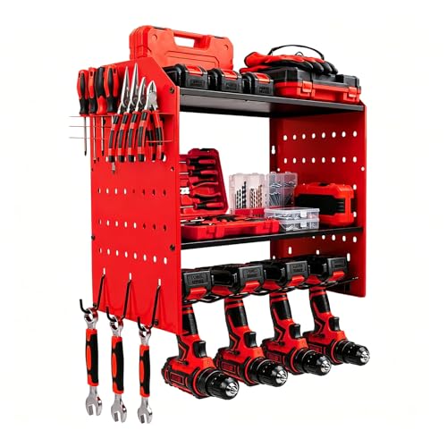 YKNIUNIU Power Tool Organizer Wall Mount, Garage Drill Storage Shelf with Hooks, Heavy Duty Metal Premium Garage Tool Shelf,Cordless Tool Storage Rack for Garage, Tool Room,Red