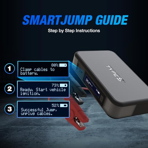 Type S Dynamic Light DL20 1000A Car Battery Jump Starter 12V 6L Gas 3L Diesel LCD Display, Car Jumper Starter Portable Charger, Jump Box, Power Bank, Emergency Hazard Lights, UL Listed - Gray