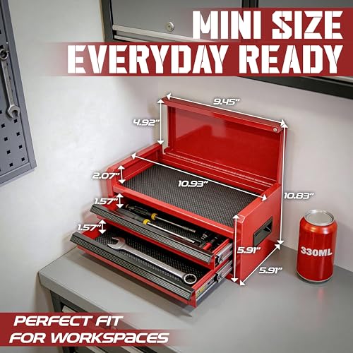OLY-PRO Mini Toolbox with 2 Drawers and Top Storage, Durable Steel Construction with Ball-Bearing Slides, Multi-Purpose Portable Tool Boxes Case Organizer for Garage, Red
