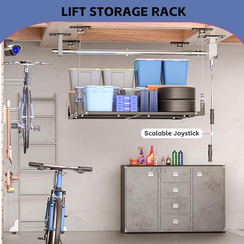 UODENGA Overhead Garage Storage Rack,4x4FT Garage Ceiling Storage Racks,Lift Storage Rack with Secure Lock,Holds 400 Lbs for Easy Up Down,Professional Organization System