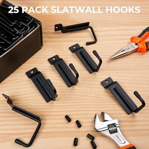 INCLY 25 Pack J-Shaped Slatwall Hooks, Heavy Duty Slat Wall Hanging Hook and Hanger, Slatwall Panel Accessories Display Hooks for Garage, Kitchen, Retail Store