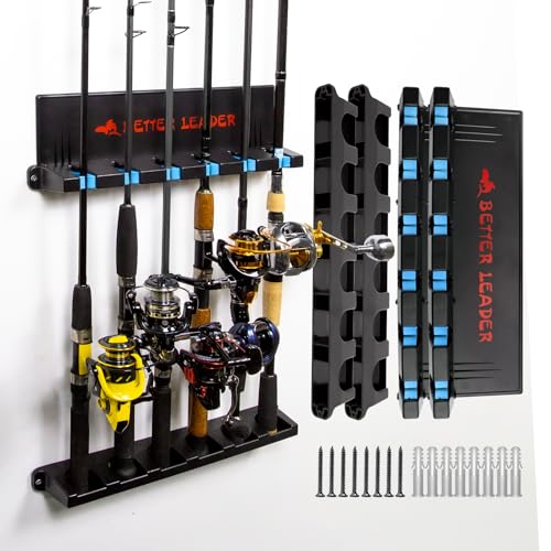 2 Pack Vertical Fishing Rod Holder for Garage, BETTER LEADER Fishing Pole Holders- Holds Up to 12 Rods or Combos, Wall Mount Fishing Pole Rack, Fits Most Rods of Diameter 3-19mm, Fishing Gifts for Men