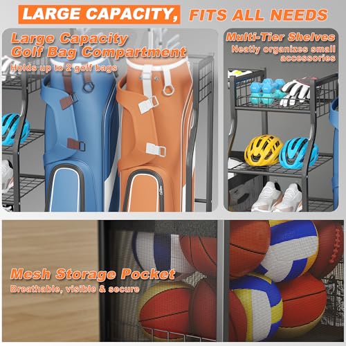 Ultrawall Sports Equipment Organizer with Wheels, Golf Bag Stand for Garage, Ball Storage Rack, Golf Bag Holder, Kids Toy Storage for Indoor/Outdoor