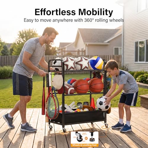 EXTCCT Ball Storage Sports Equipment Organizer - Garage Storage Cart Rolling Ball Storage Rack with Hooks Wheels Outdoor Indoor Gym Gear Toy Holder Bin for Basketball, Baseball, Soccer