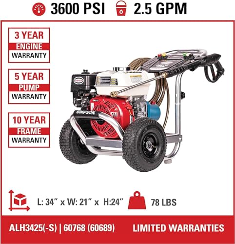 Simpson 3600 PSI Gas Pressure Washer, 2.5 GPM Commercial Power Washer, Cold Water, Honda GX200 Engine, 35' Hose, Aluminum Series, 49-State Compliant (ALH3425)
