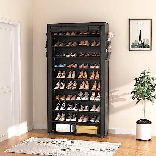 ROJASOP 10 Tier Shoe Rack with Covers,Large Capacity Stackable Tall Shoe Shelf Storage to 50-55 Pairs Shoes and Boots Sturdy Metal Free Standing Shoe Rack Organizer for Closet Entryway Garage