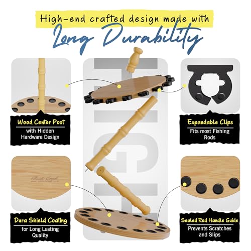 Rush Creek Creations Round 16 Fishing Rod Storage Rack - Features Traditional Handcrafted Wood Post - No Tool Assembly, Wood Grain Laminate