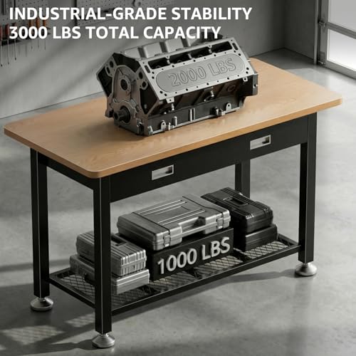 IGERI 39" Heavy Duty Work Bench With Drawer and Storage for Garage, Small Wood Top and Metal Workbench for Crafts 3d Printer Work Table Tool Chest Workbenches Crafting Table Working Station Shop Bench
