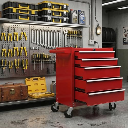 YELLOW JACKET Rolling Tool Chest 5 Drawers, Portable Tool Storage Cabinet with Wheels, Tool Cabinet Organizer with Locking System & Drawer Liners, Tool Storage Cart for Garage, Workshop, Red