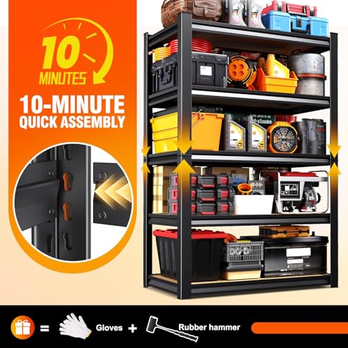 KORVENA 71.2''H Storage Shelves, 2500lbs Garage Shelving,Adjustable Heavy Duty Shelving Unit,5T Tall Garage Shelves，Wood Metal Standing Shelf Units,Utility Rack for Kitchen 71.2''H*31.5''W*13.8''D