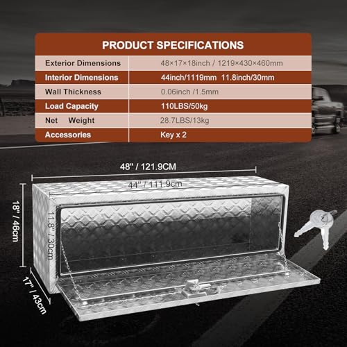 VEVOR Underbody Truck Box, 48"×17"×18" Pickup Storage Box, Heavy Duty Aluminum Diamond Plate Tool Box with Lock and Keys, Waterproof Trailer Storage Box with T-Handle Latch for Truck, Van, Trailer