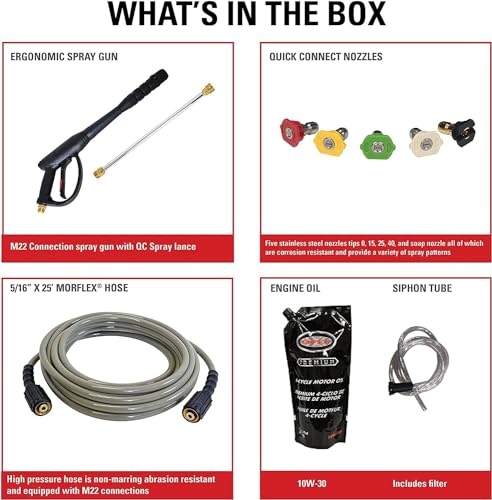SIMPSON Cleaning PS3228 PowerShot 3300 PSI Gas Pressure Washer, 2.5 GPM, Honda GX200 Engine, Includes Spray Gun and Extension Wand, 5 QC Nozzle Tips, 5/16-inch x 25-foot MorFlex Hose, 49-State