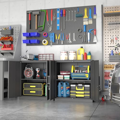 IRONFFICE Metal Wall Cabinet,Garage Cabinet with Handle,Lockable Storage Cabinets Wall Mounted with 2 Doors,Locking Cabinet with Shelves for Basement,Office,Living Home,Black